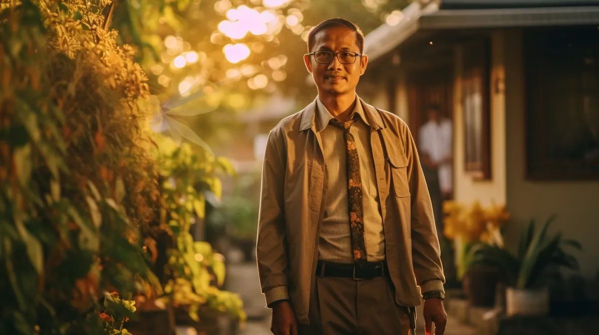 man with glasses outside beside a plant