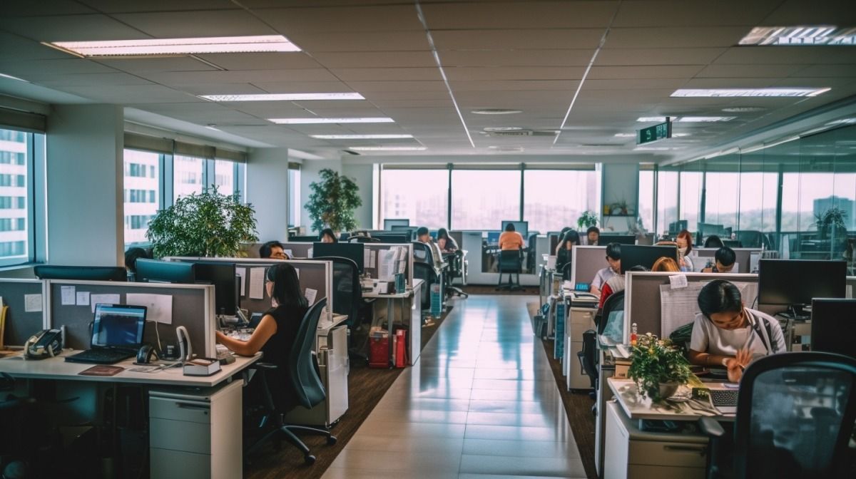 An image of a bustling healthcare company office with Filipino employees at work.