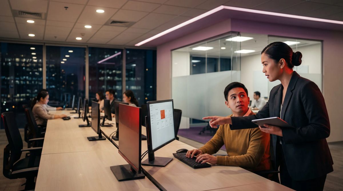 An AI security engineer points out a flagged item on a colleague's monitor in an open-plan Ortigas office at night, city skyline visible through the glass behind them.