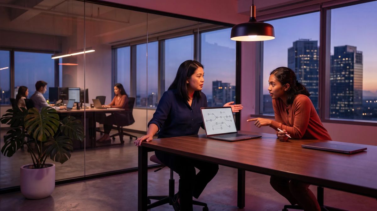 Two Filipina colleagues compare two separate laptops representing distinct AI systems at a conference table during dusk in a Manila office with warm key light and a crimson-violet ambient grade.