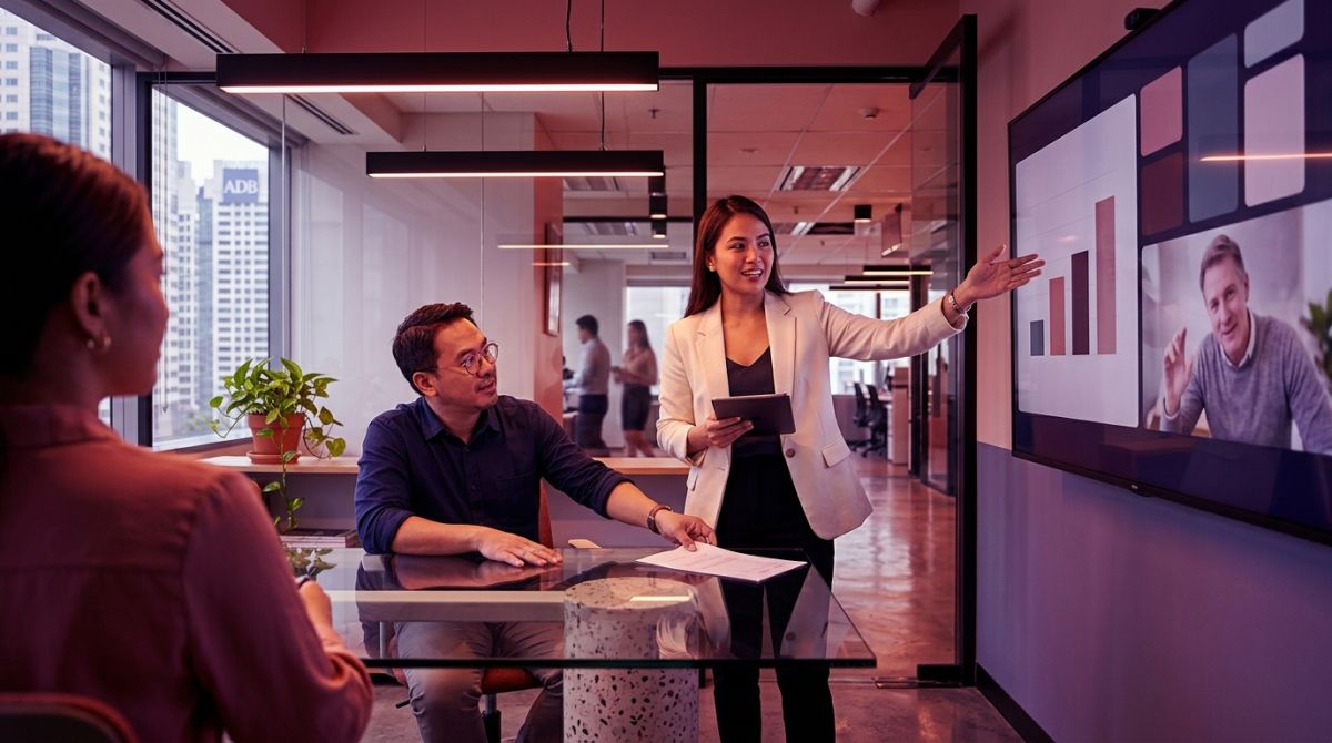 Colleagues present to a remote client on a video wall, a scene for mid-sized companies competing with large enterprises