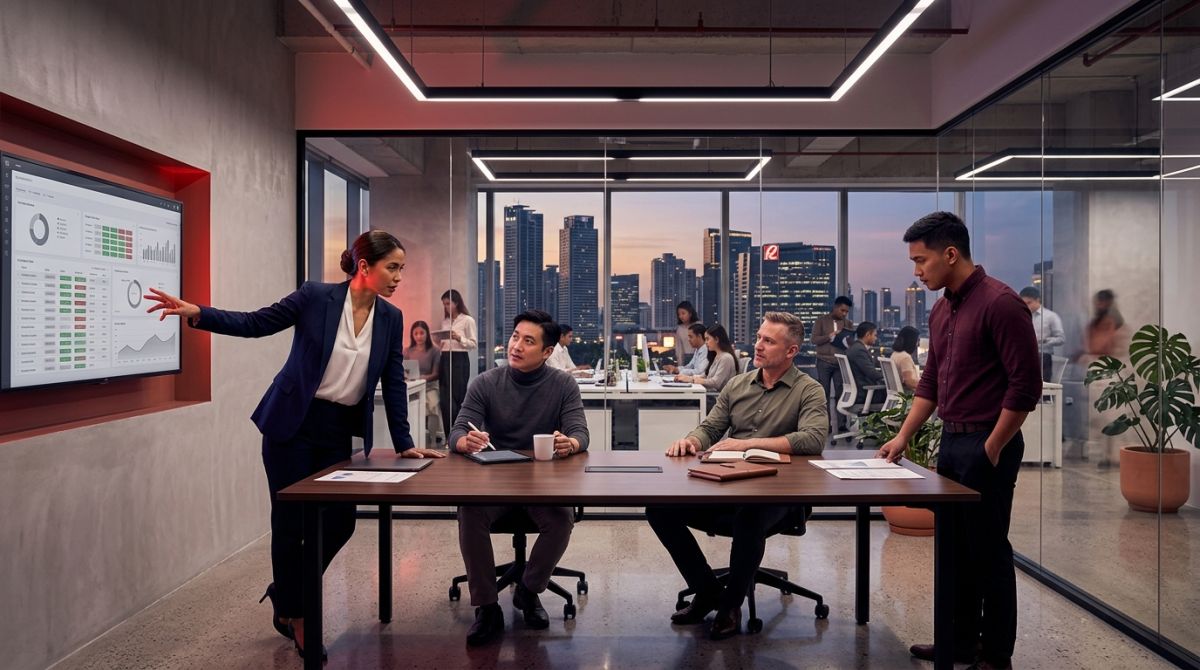 A professional operations team of four is in a corporate editorial photography session within a sleek Ortigas office, overlooking a detailed Metro Manila skyline at dusk. One woman stands and presents data on a wall screen to two seated colleagues and one standing colleague, all posed at a dark wood conference table.
