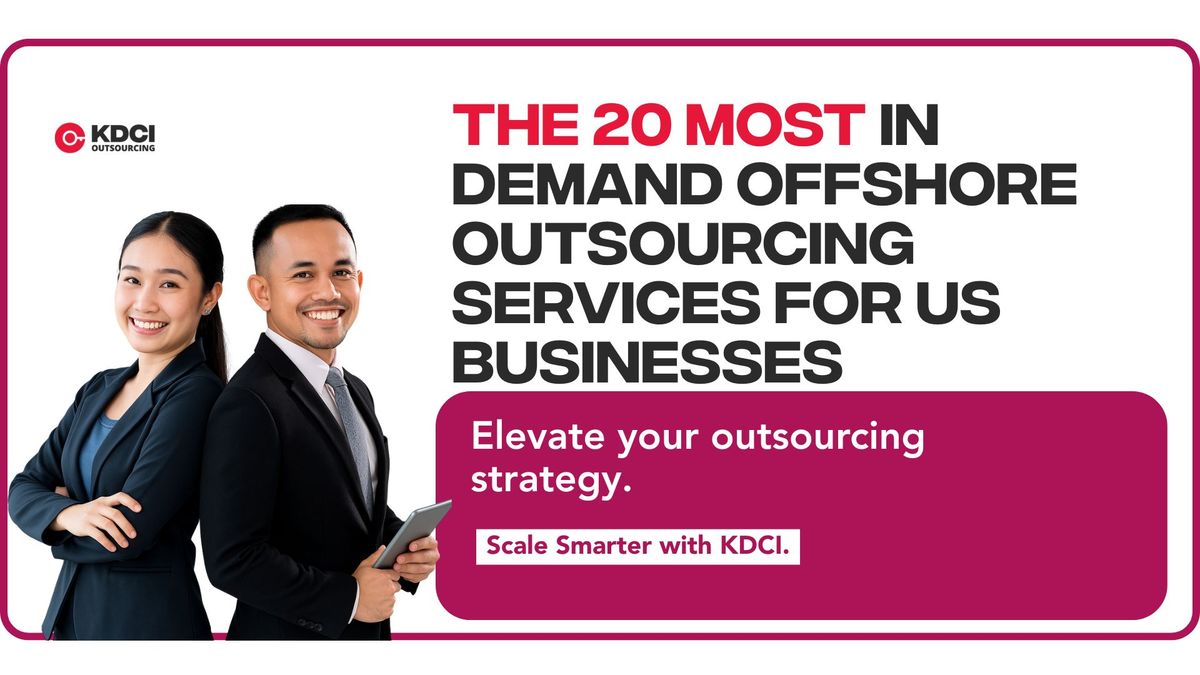 two corporate professionals next to text "The 20 Most In-Demand Offshore Outsourcing Services for US Businesses"