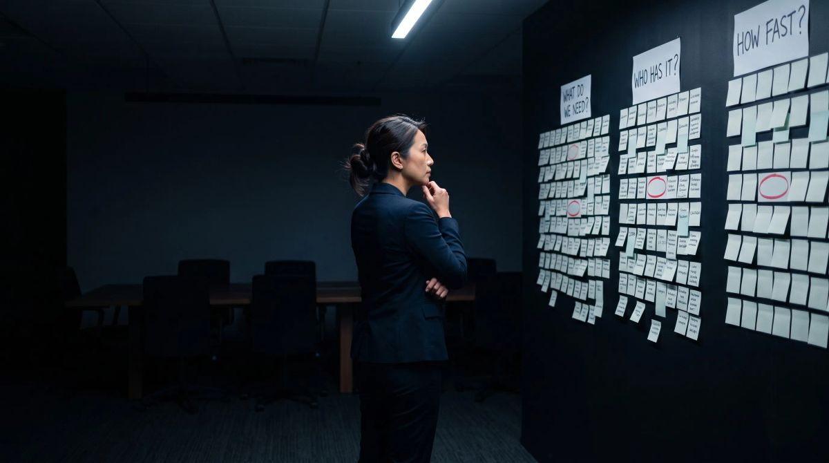 Filipino pperations manager analyzing AI staffing roles on a sticky note planning wall, representing workforce planning and AI talent acquisition strategy.