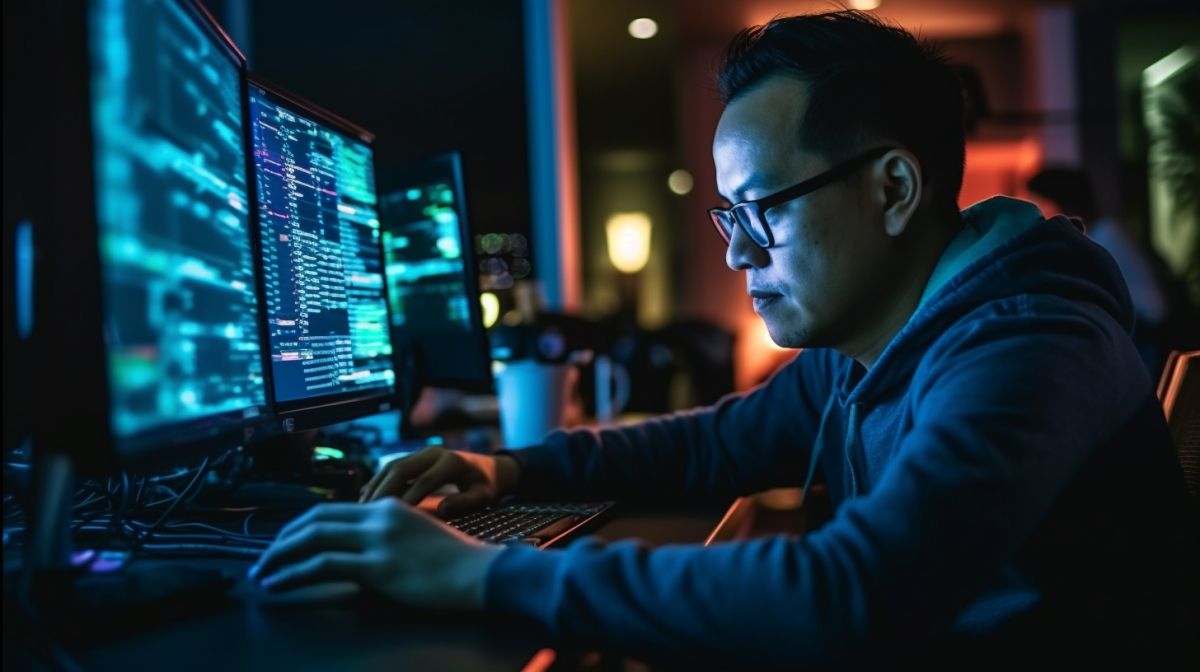 A dynamic image of a Filipino website developer at work. He is seen in his creative workspace