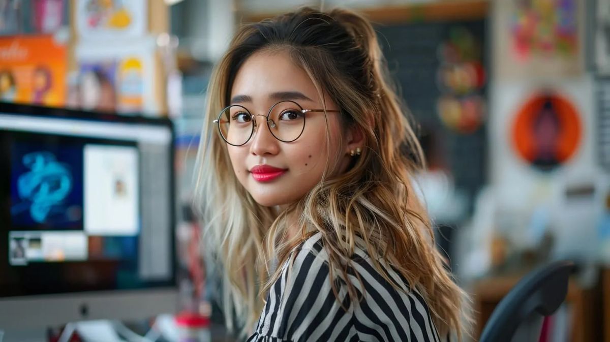 woman with dyed hair and glasses