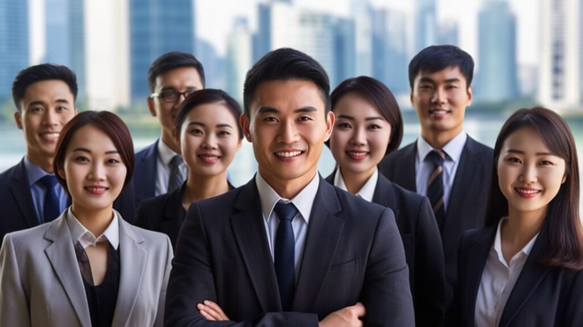 Three cheerful Asian offshore staff, situated in a bustling office with cityscape views, beam with readiness to provide exceptional service to companies that offshore.