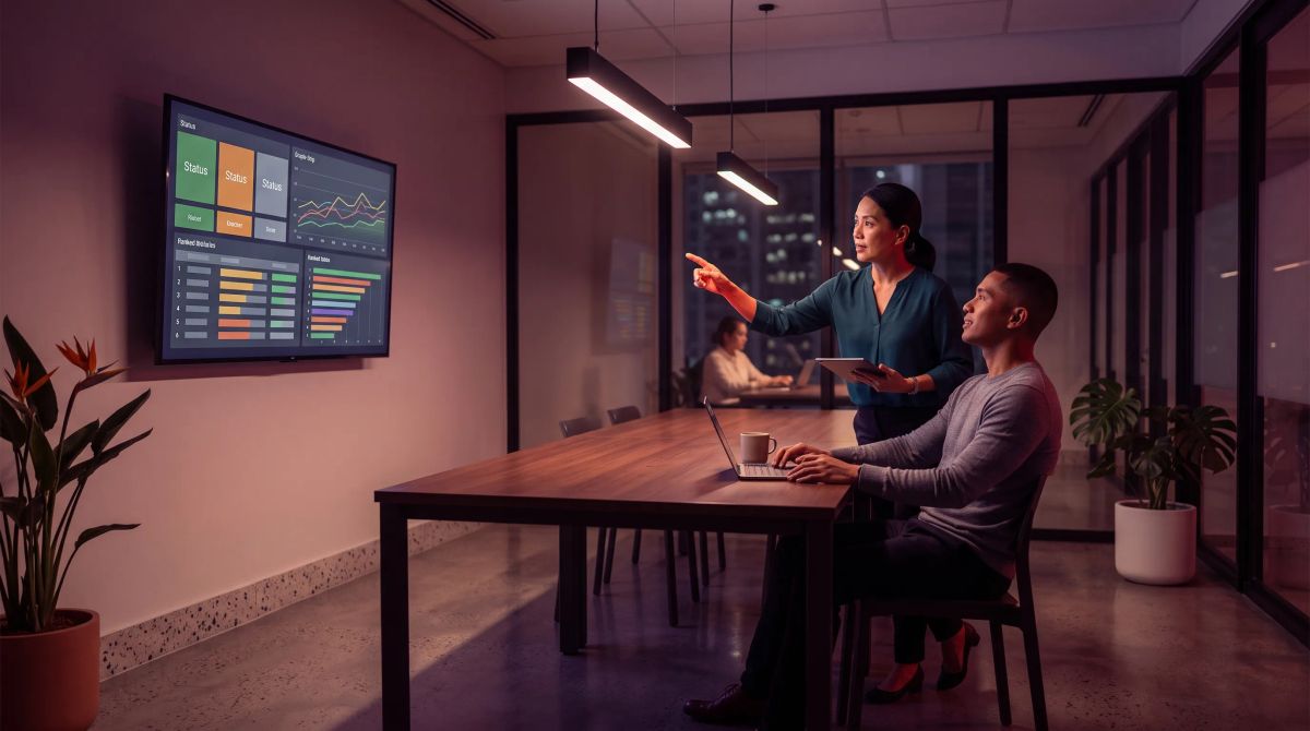 A specialist points to data on a conference room screen while a colleague reviews it on a laptop in a dim Ortigas office at night.