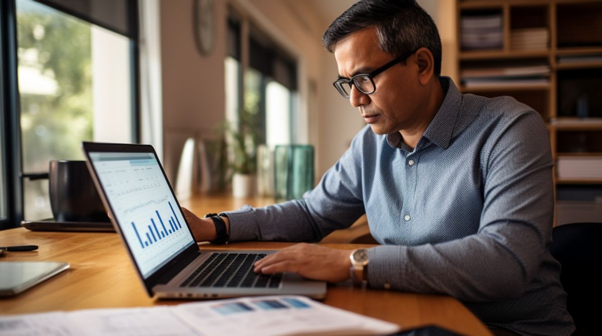 A Filipino business owner in his early forties is seen deeply engrossed in figuring out the pricing model for a new service