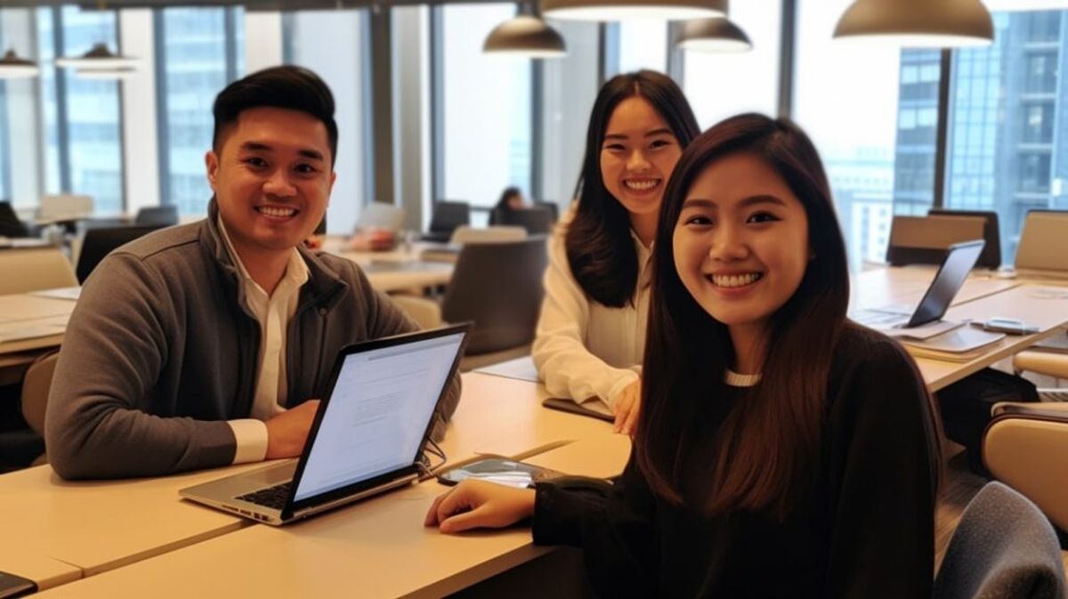 Three dedicated Asian data entry specialists, nestled in a vibrant Philippine office setting, exude cheerfulness as they attentively work on their laptops, poised to deliver exemplary services to businesses.