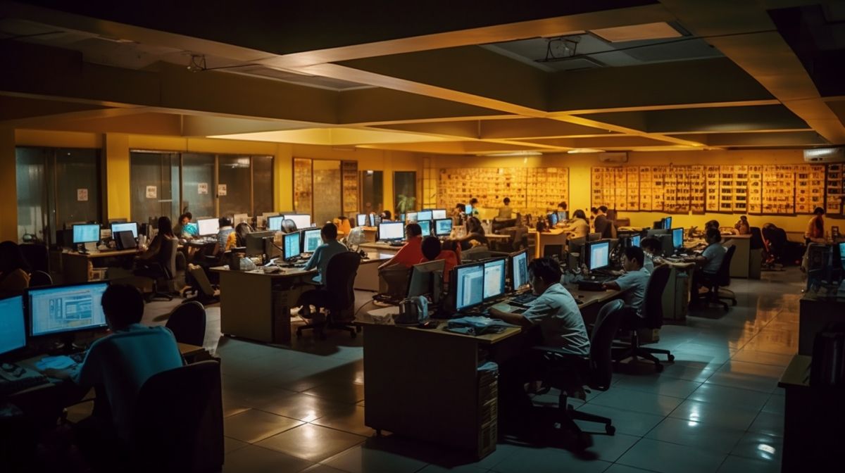 A dynamic image of a Filipino call center office