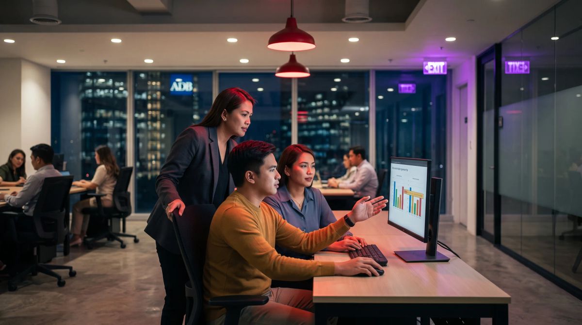 A team lead reviews inter-annotator agreement scores with two data annotation specialists at a desk in an open-plan Ortigas office at night.
