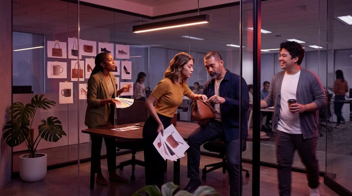 Team tapes handbag proofs to a glass wall and checks them against the real bag in a product photo editing services review