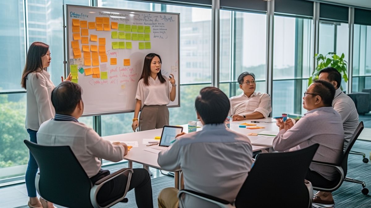 A dynamic image of a team of Filipino offshore staff collaborating on a project in a vibrant office environment.