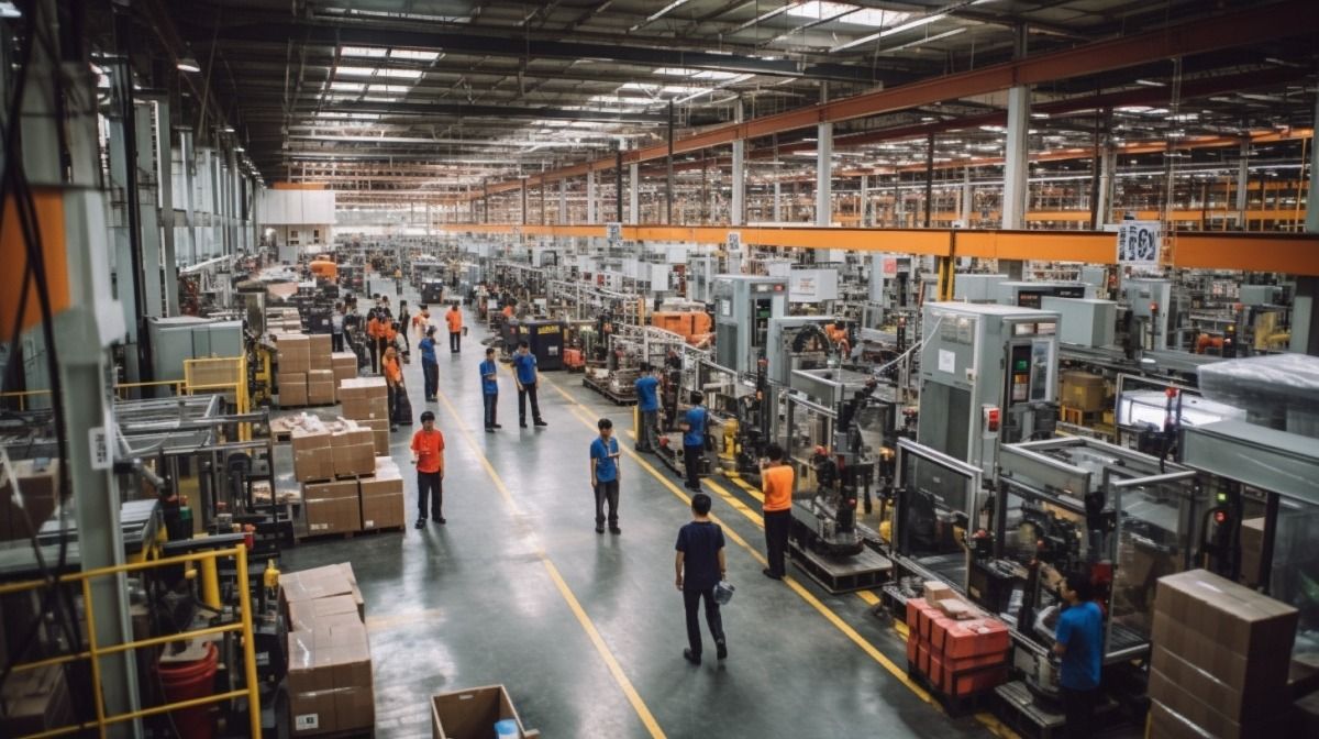 An image of a bustling manufacturing warehouse with Filipino employees at work.