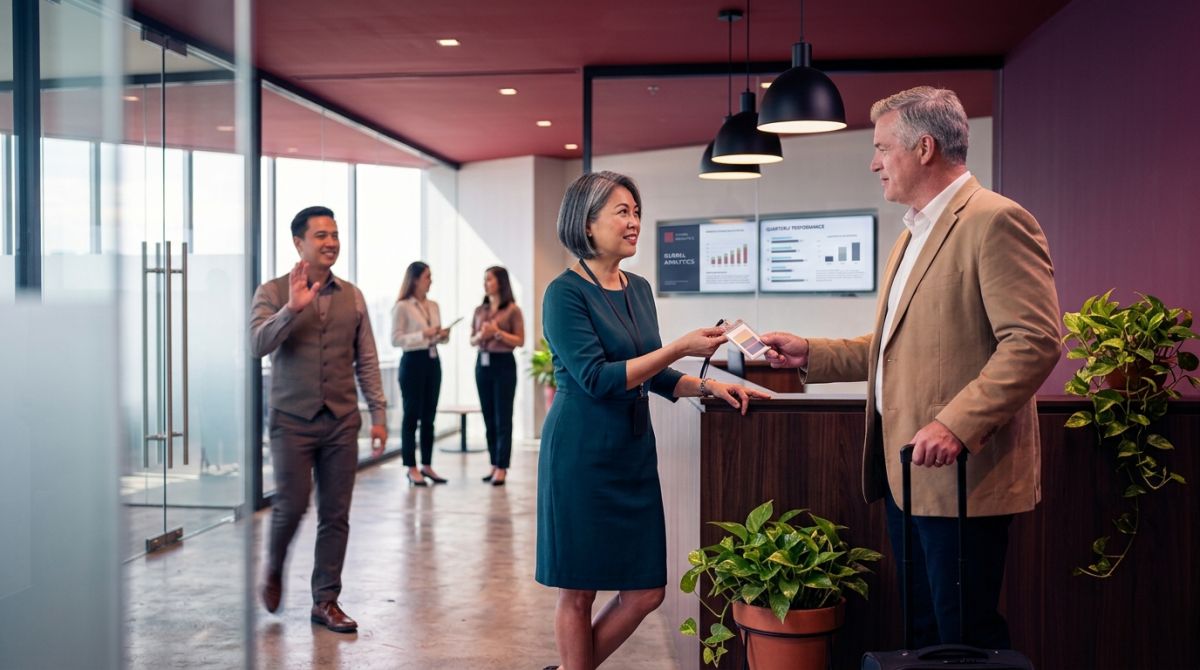 Manager hands a visitor badge to a guest in a glass-walled lobby, offshoring in the Philippines up close
