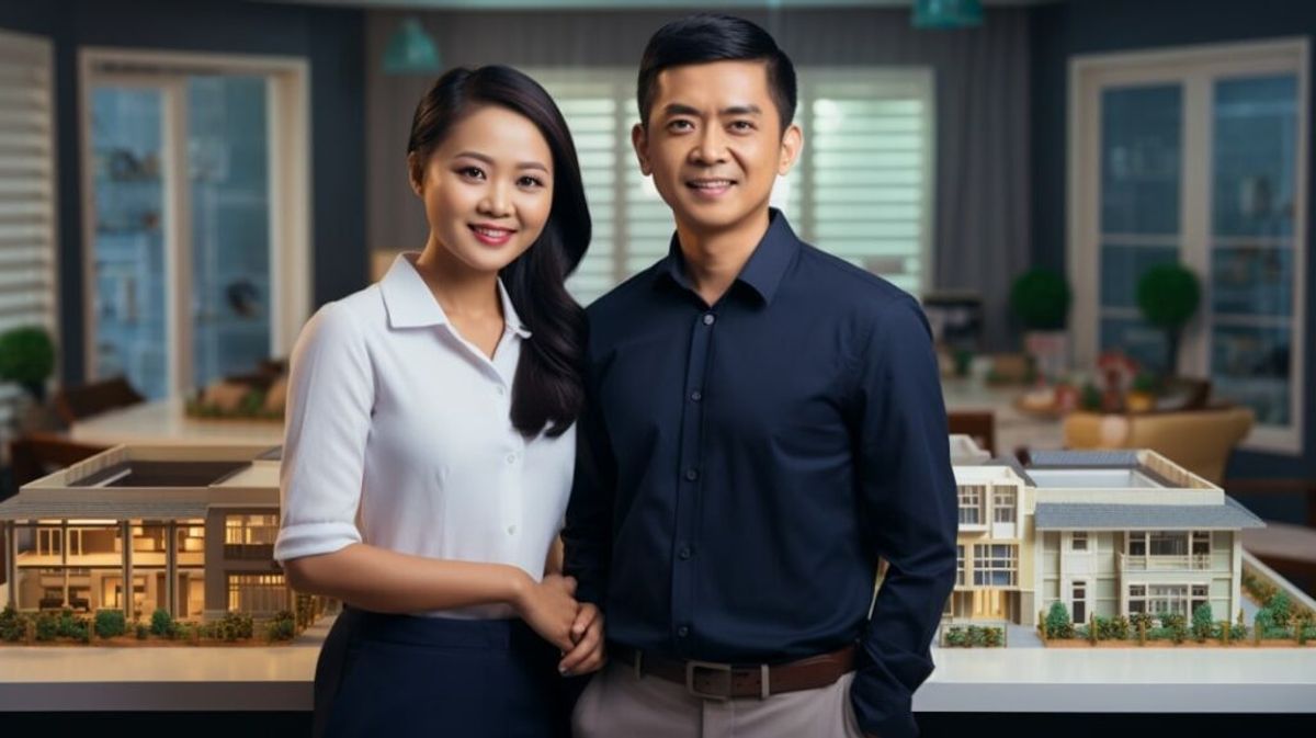 Two community managers beam confidently at the camera, symbolizing their role in outsourced community management. Behind them, the community reveals a balanced blend of traditional homes and subtly modern designs, grounding the scene in a realistic 2023 setting.