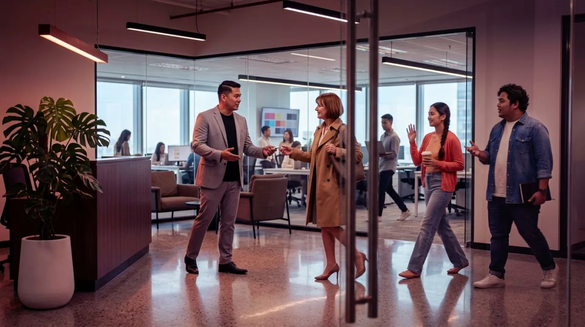 A host greets a visitor at a glass-fronted Ortigas office reception as two colleagues walk past and wave hello.