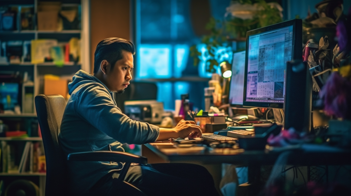 A dynamic image of an outsourced Filipino employee at work, providing creative services.