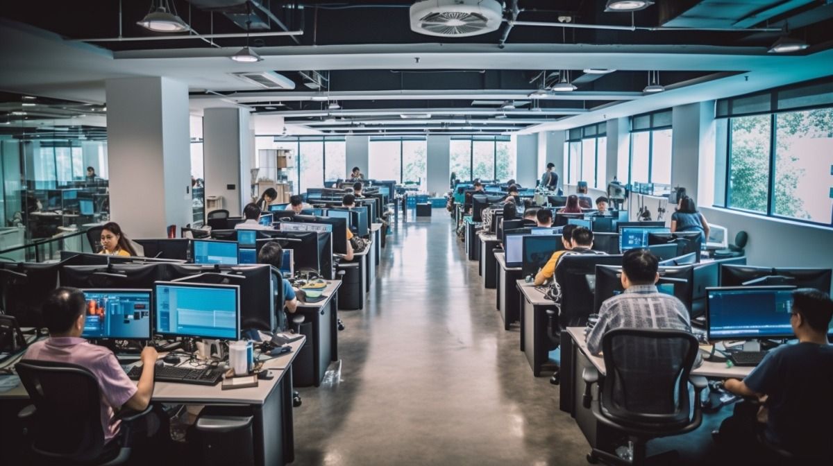 An image of a bustling technology company office with Filipino employees at work.