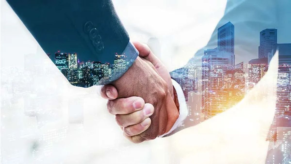 shaking hands with a city overlay