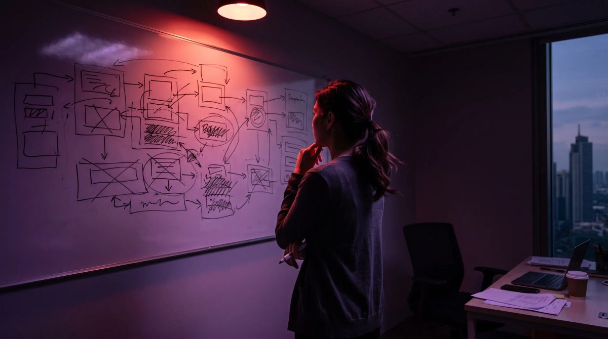 Engineer studying an AI system workflow diagram on a whiteboard — hire an AI engineer in 2026