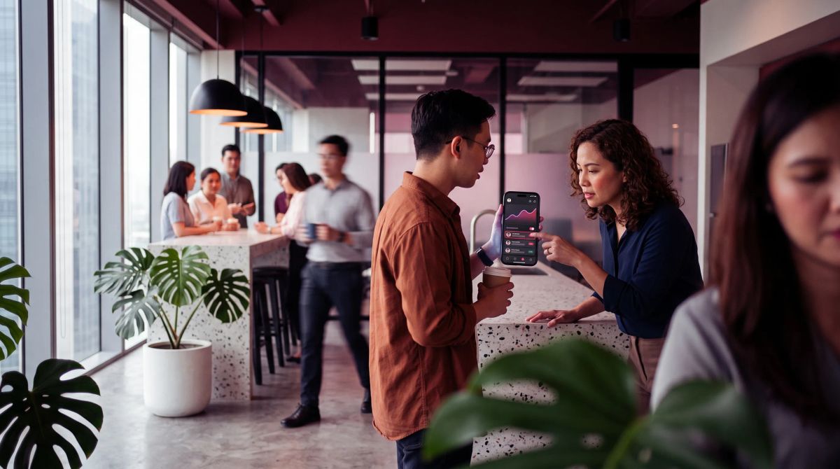 A support specialist shows an app screen on his phone to a developer at an office coffee bar.