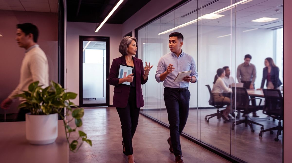Two colleagues walk a glass-walled corridor comparing options, one holding a tablet, while weighing hiring in the US.