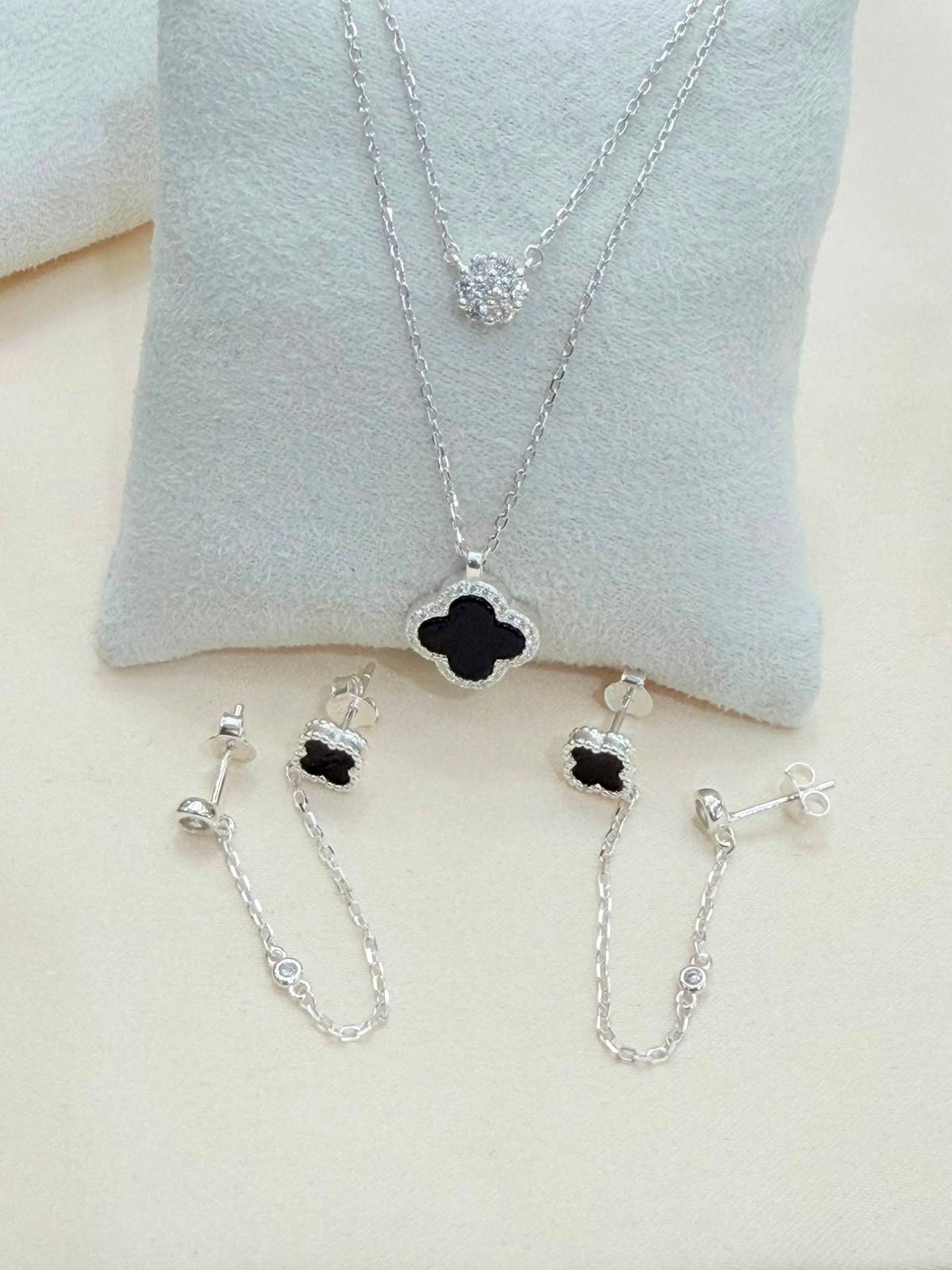 Set Trébol Negro de plata 925