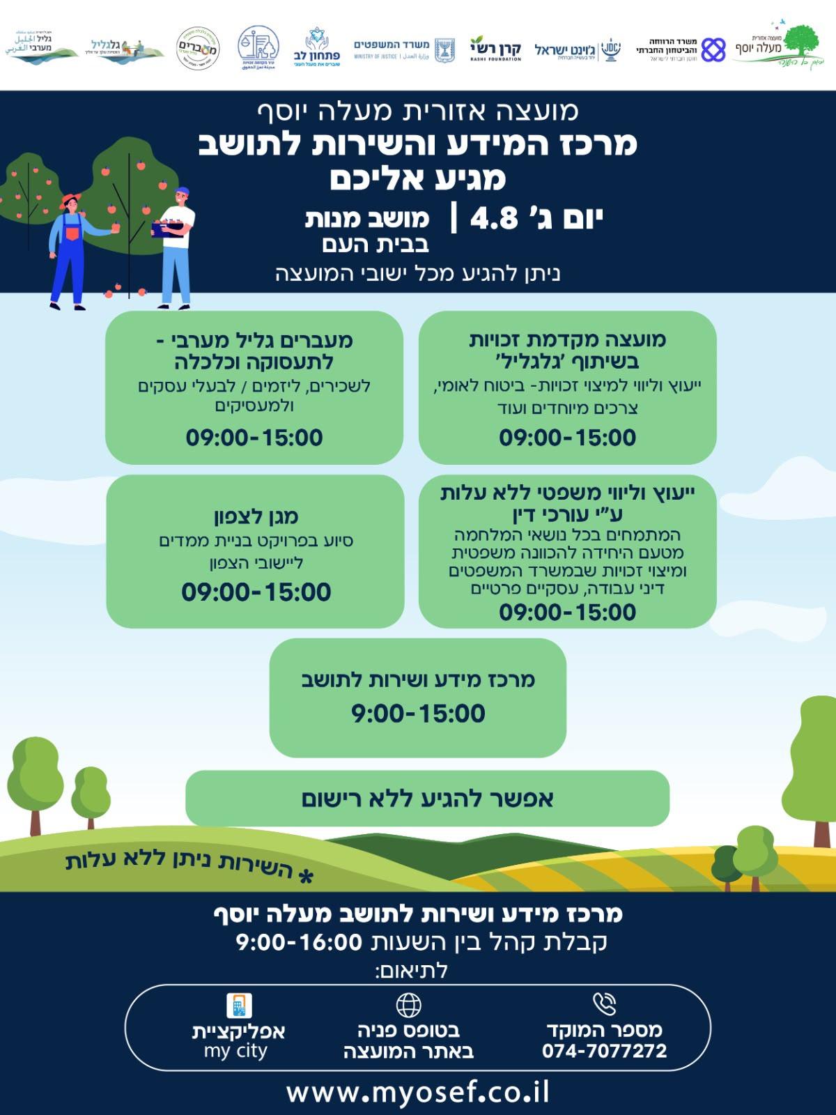 מודעה על הגעת מרכז המידע והשירות לתושב לבית העם במושב מנות ביום שלישי 4.8