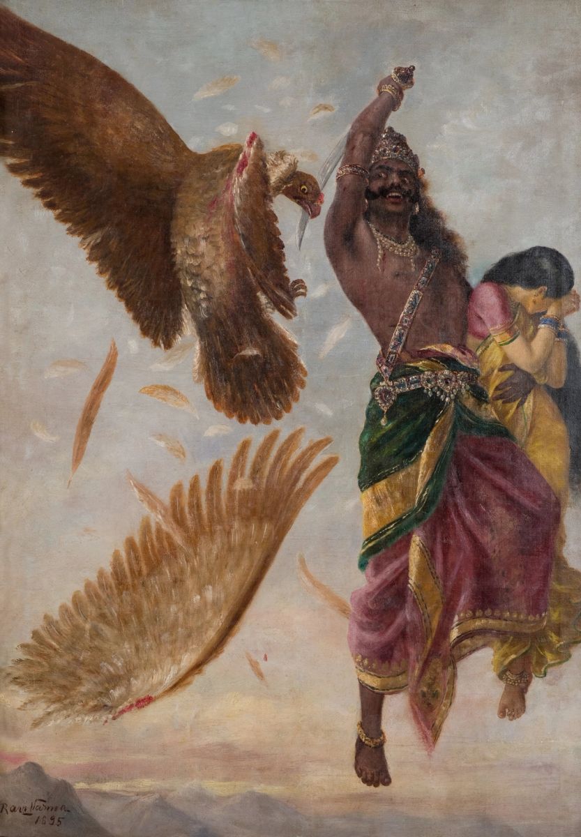 Ravana carrying off Sita and striking down the bird Jatayu, painted by Raja Ravi Varma, shown in full — Painting: Raja Ravi Varma, public domain, via Wikimedia Commons