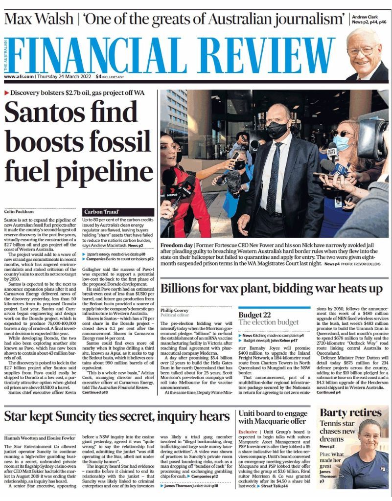 Front page of The Australian Financial Review, 24 March 2022, leading with the oil and gas discovery off Western Australia.