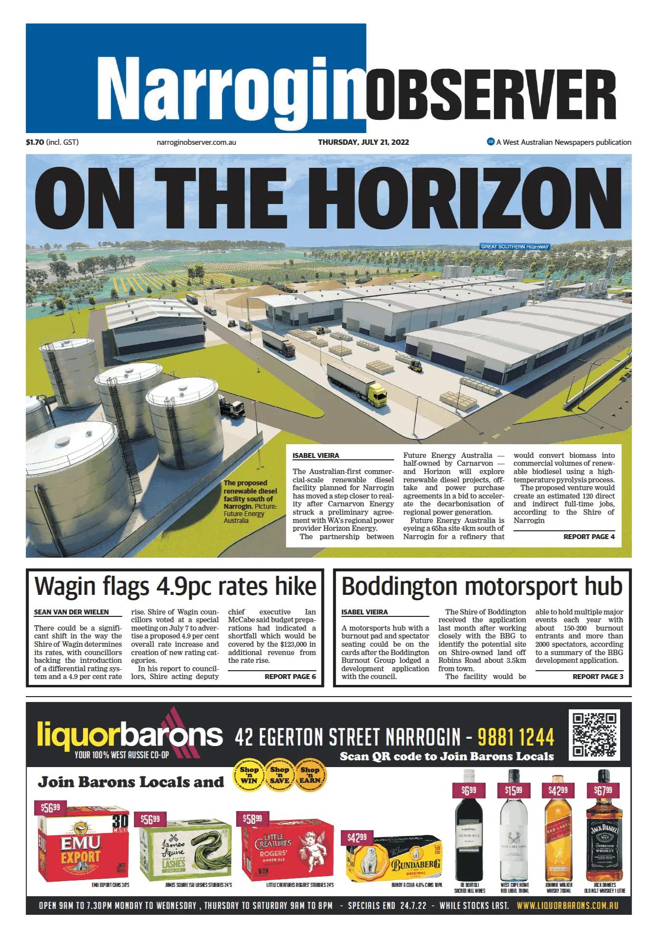 Front page of the Narrogin Observer, 21 July 2022, leading with the proposed renewable diesel facility.