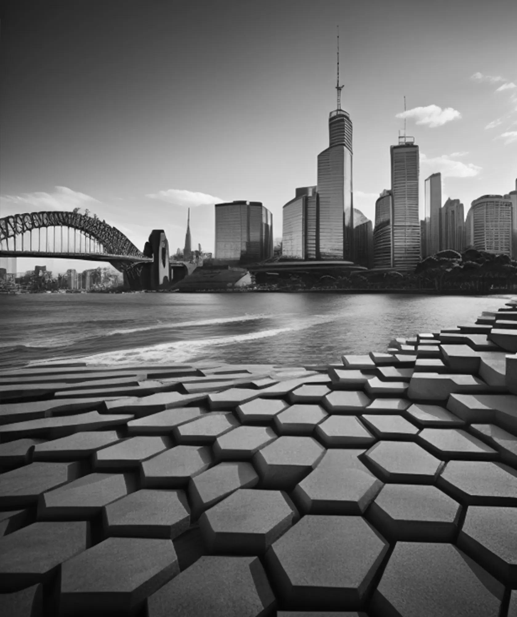 A honeycomb pattern of concrete blocks in front of a city skyline and harbour bridge.