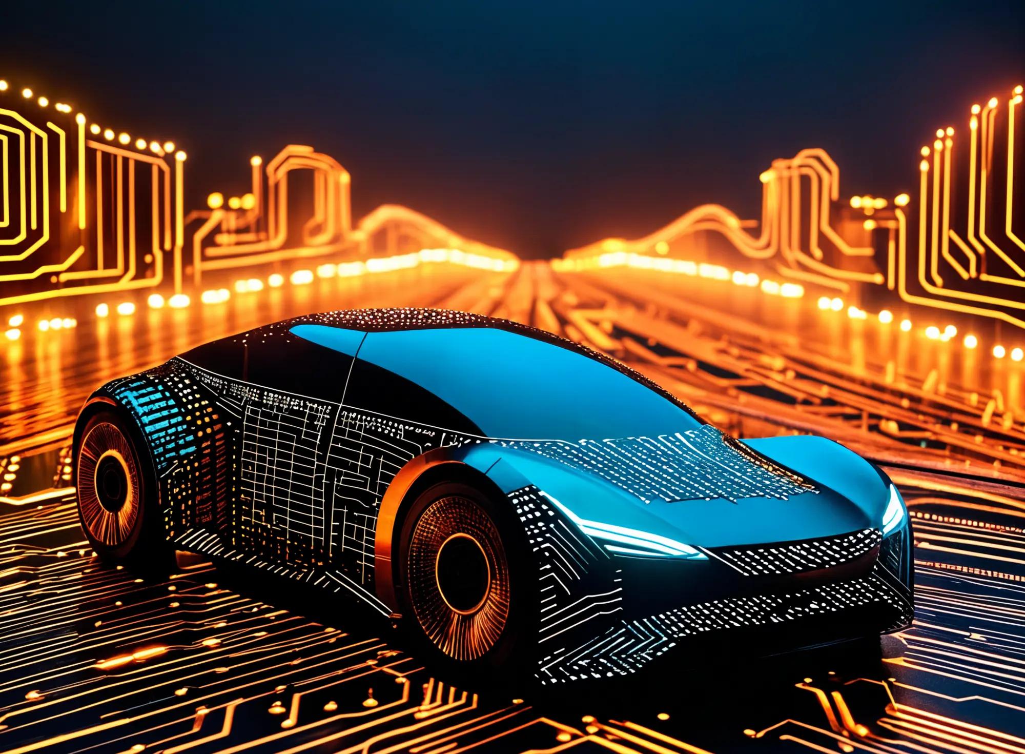 An illustration of an electric car rendered in circuitry on a glowing track.