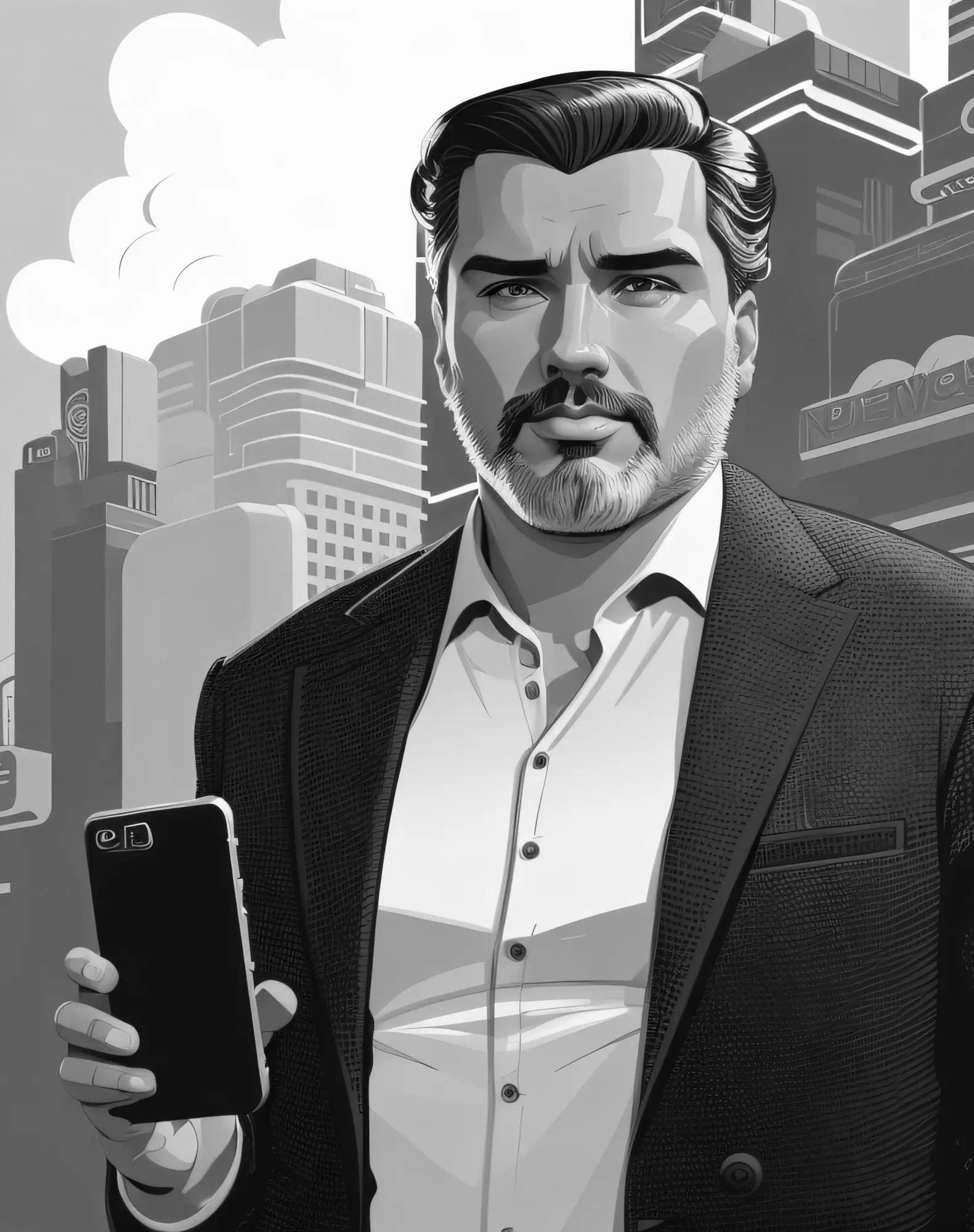 A stylised illustration of a man in a suit holding a phone, with a city skyline behind him.