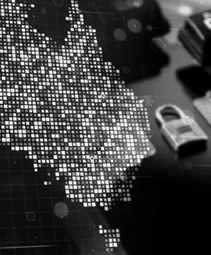 A map of Australia rendered in points of light, with a padlock in the foreground.