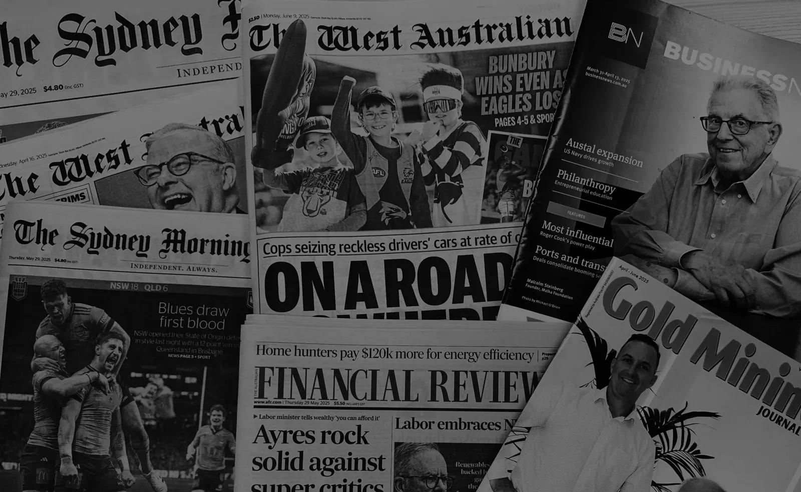 Front pages of The West Australian, Financial Review and Gold Mining Journal