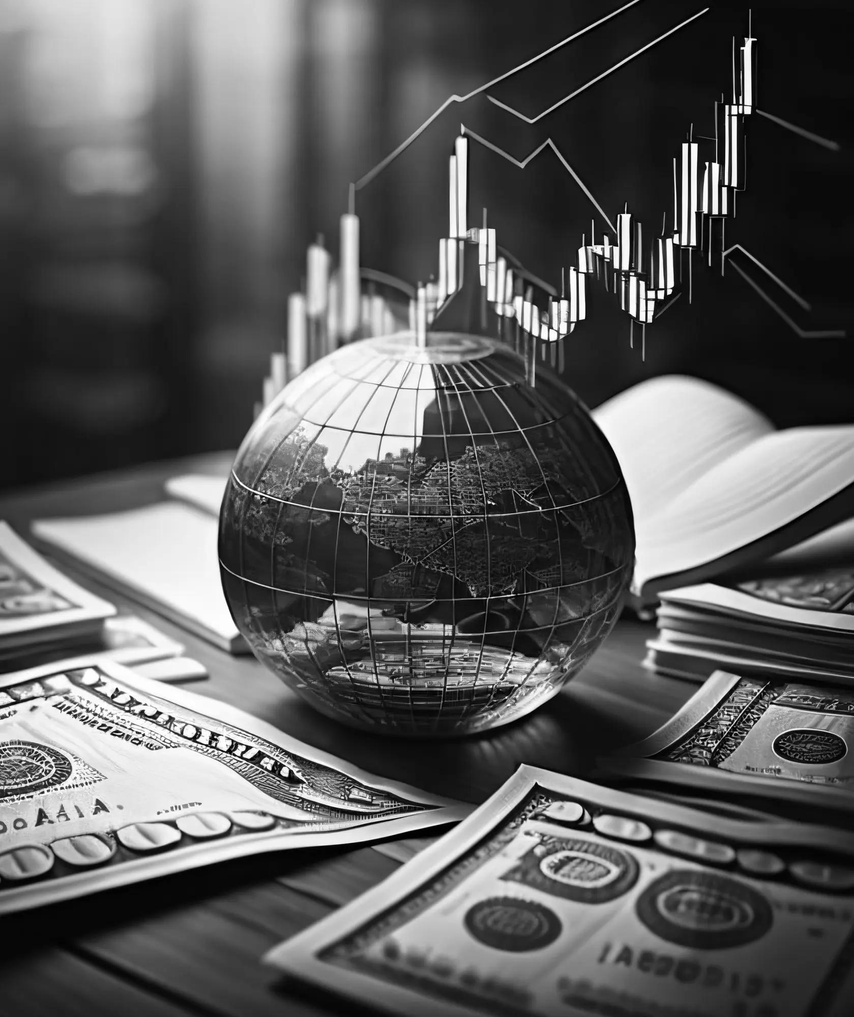 A globe resting on banknotes and documents in front of a rising share price chart.