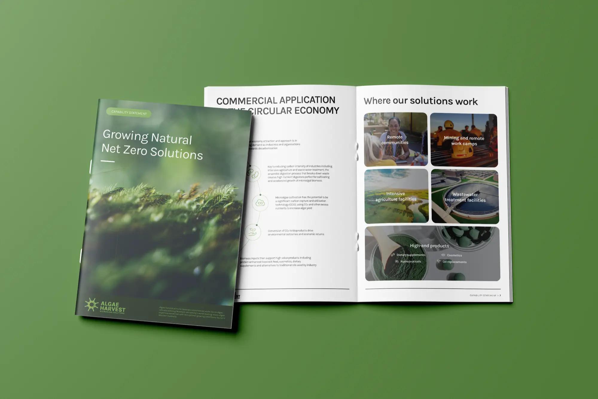 A printed capability statement for Algae Harvest, cover and open spread, on a green background.