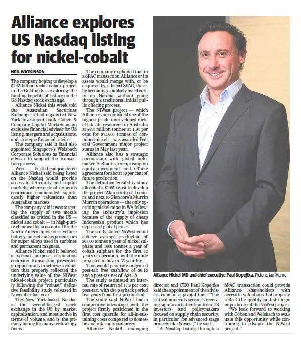 A newspaper clipping headlined Alliance explores US Nasdaq listing for nickel cobalt.