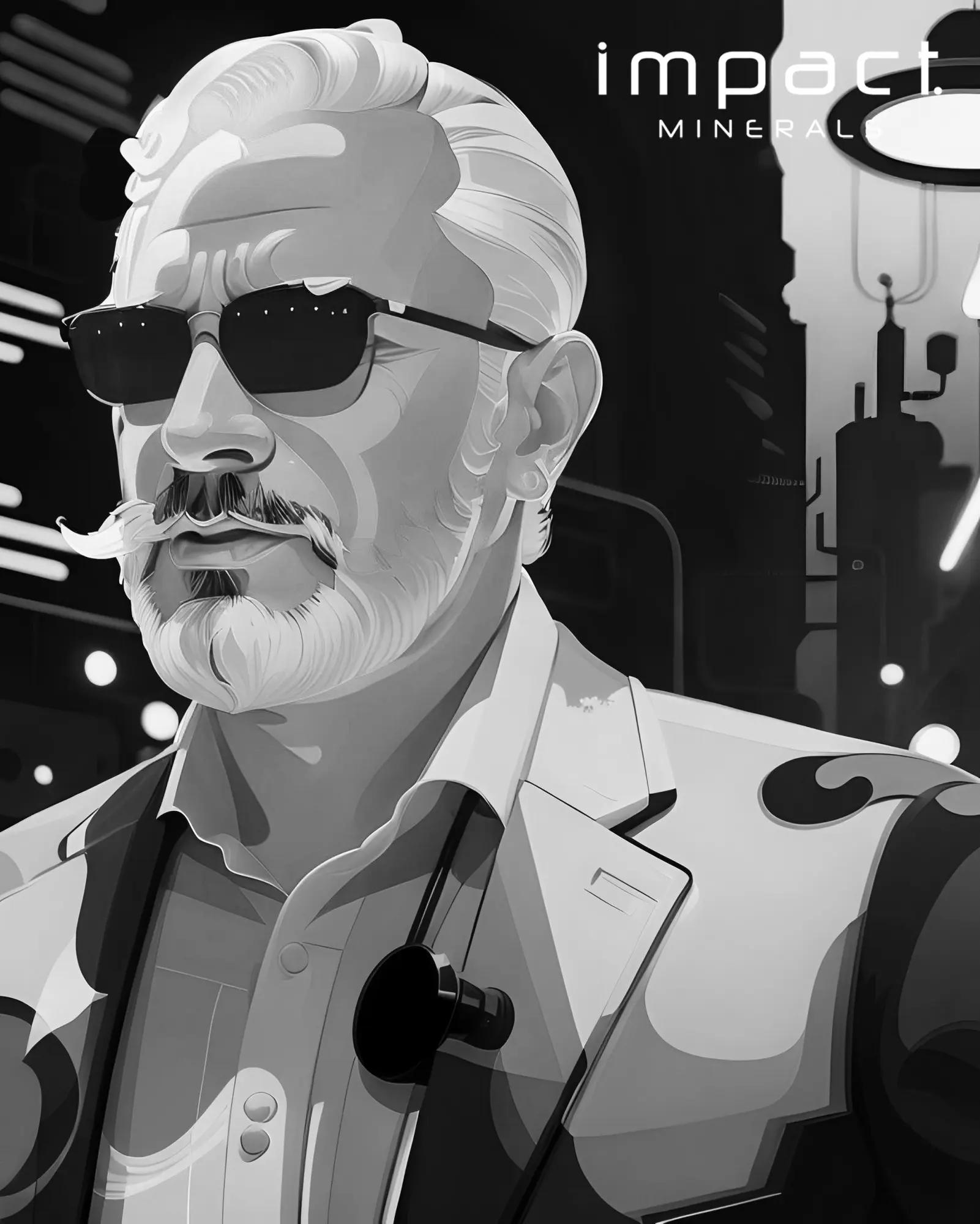 A stylised illustration of a company representative in front of an Impact Minerals sign.