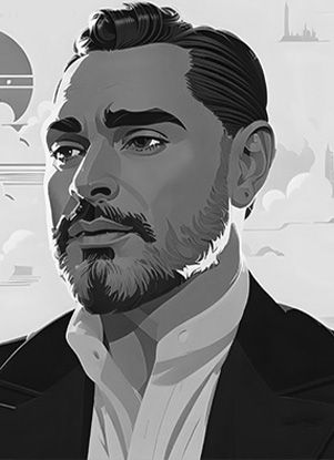 A stylised illustration of a man in a suit with an open collar.