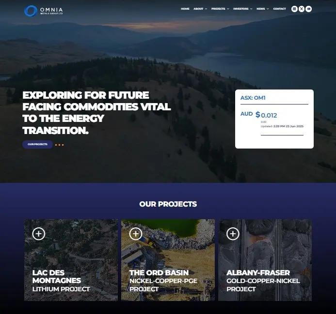 The Omnia Metals Group website homepage, with an ASX price panel and project cards.