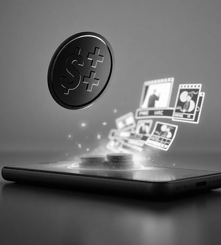 An illustration of a phone with a coin and photo cards rising out of the screen.