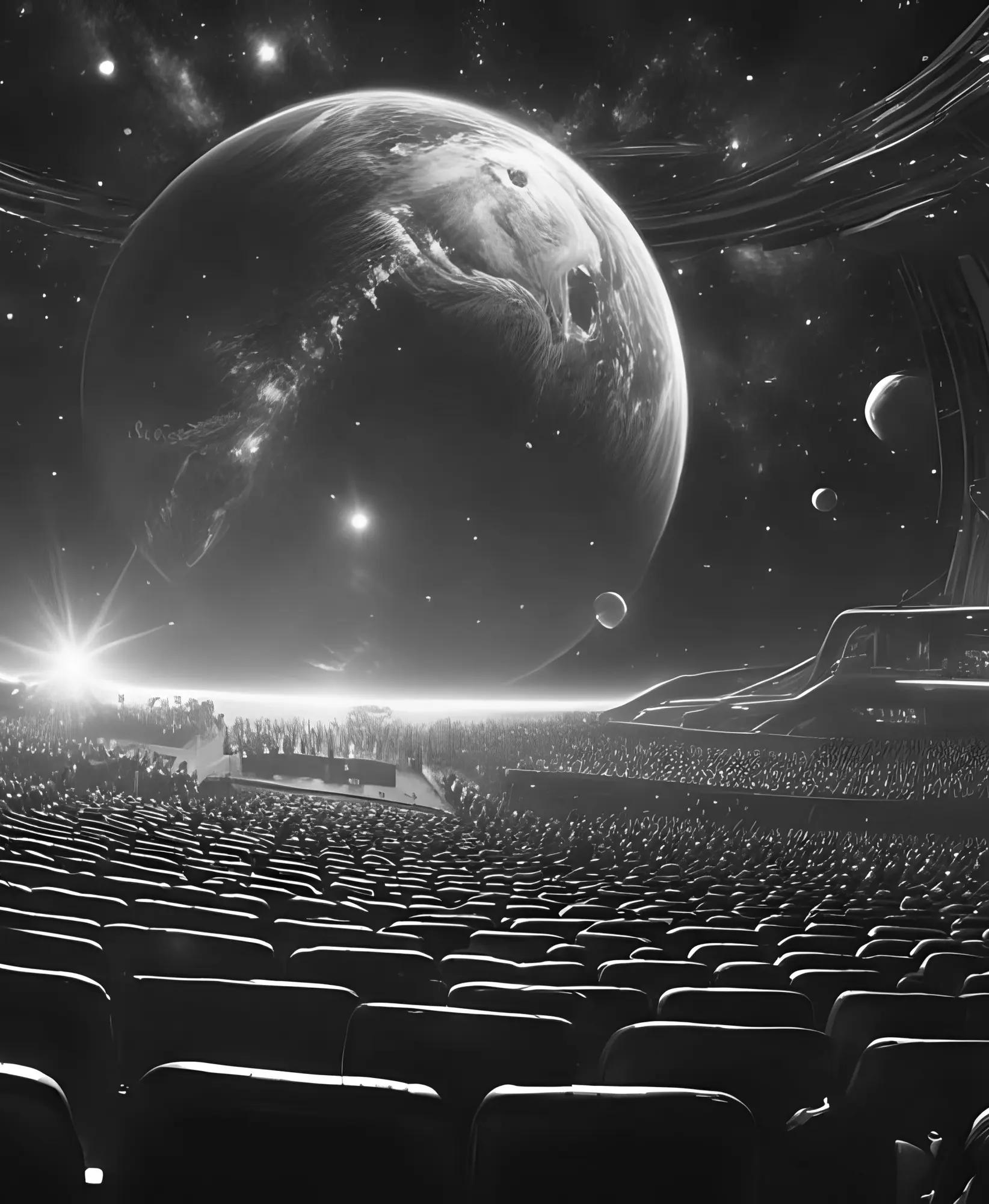 An illustration of a vast empty auditorium beneath a sky full of planets.