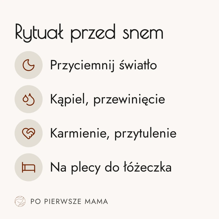 Infografika: prosty rytuał przed snem - przyciemnione światło, kąpiel albo przewinięcie, karmienie i przytulenie, a potem odłożenie dziecka na plecy do łóżeczka.