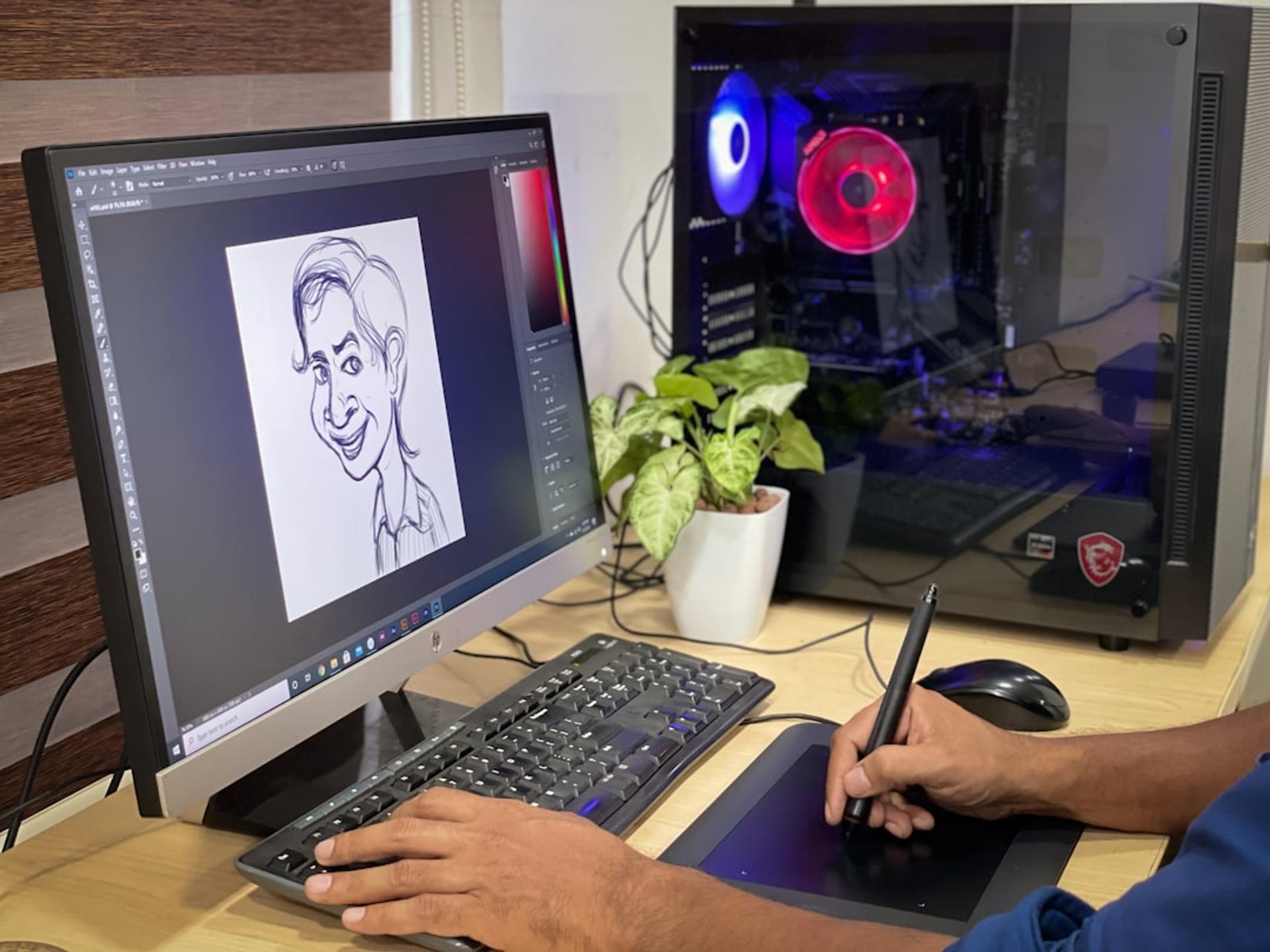 Desainer menggarap aset karakter motion graphic di tablet grafis