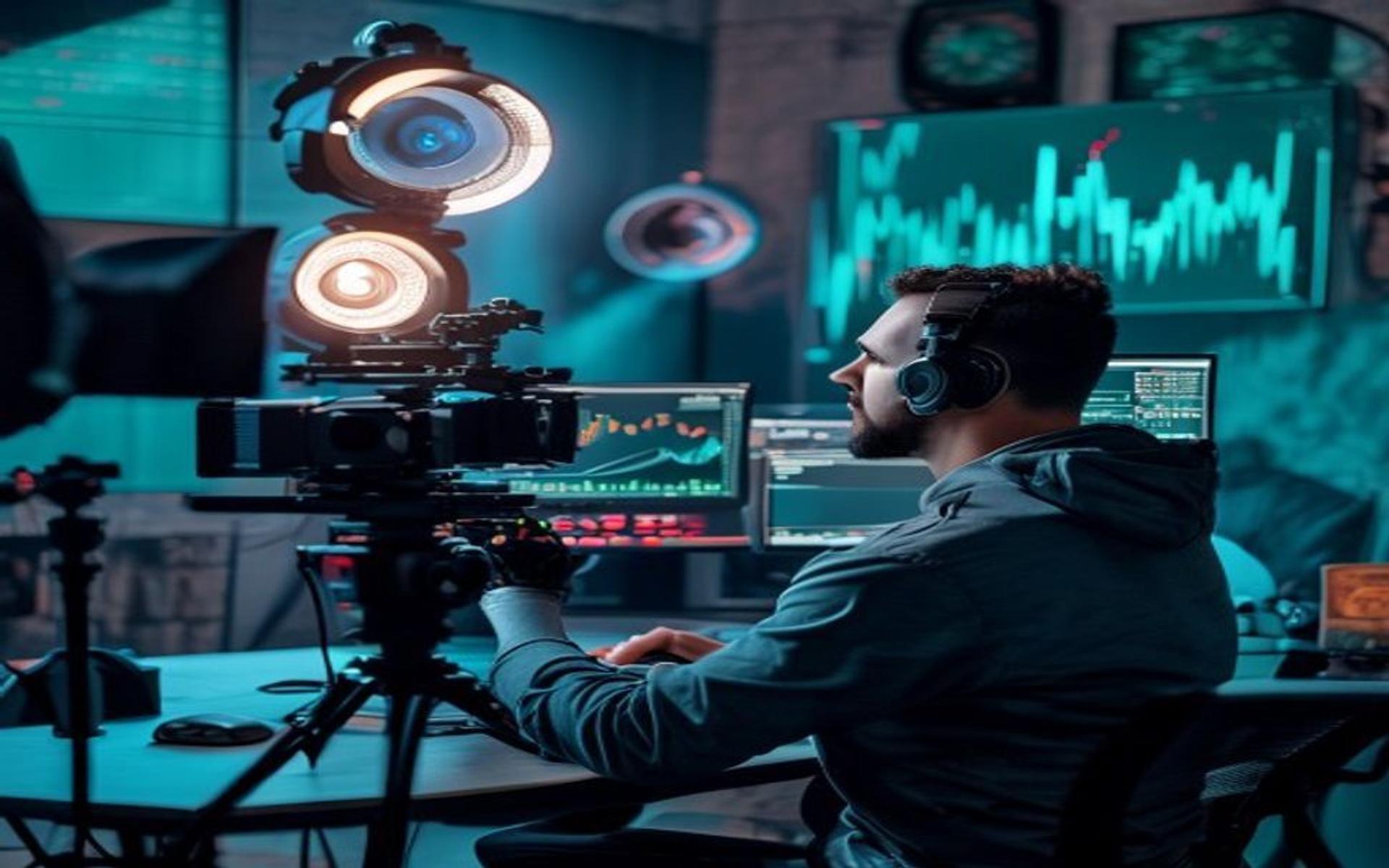 Content creator merekam video edukasi crypto marketing di studio kreatif dengan grafik token di latar