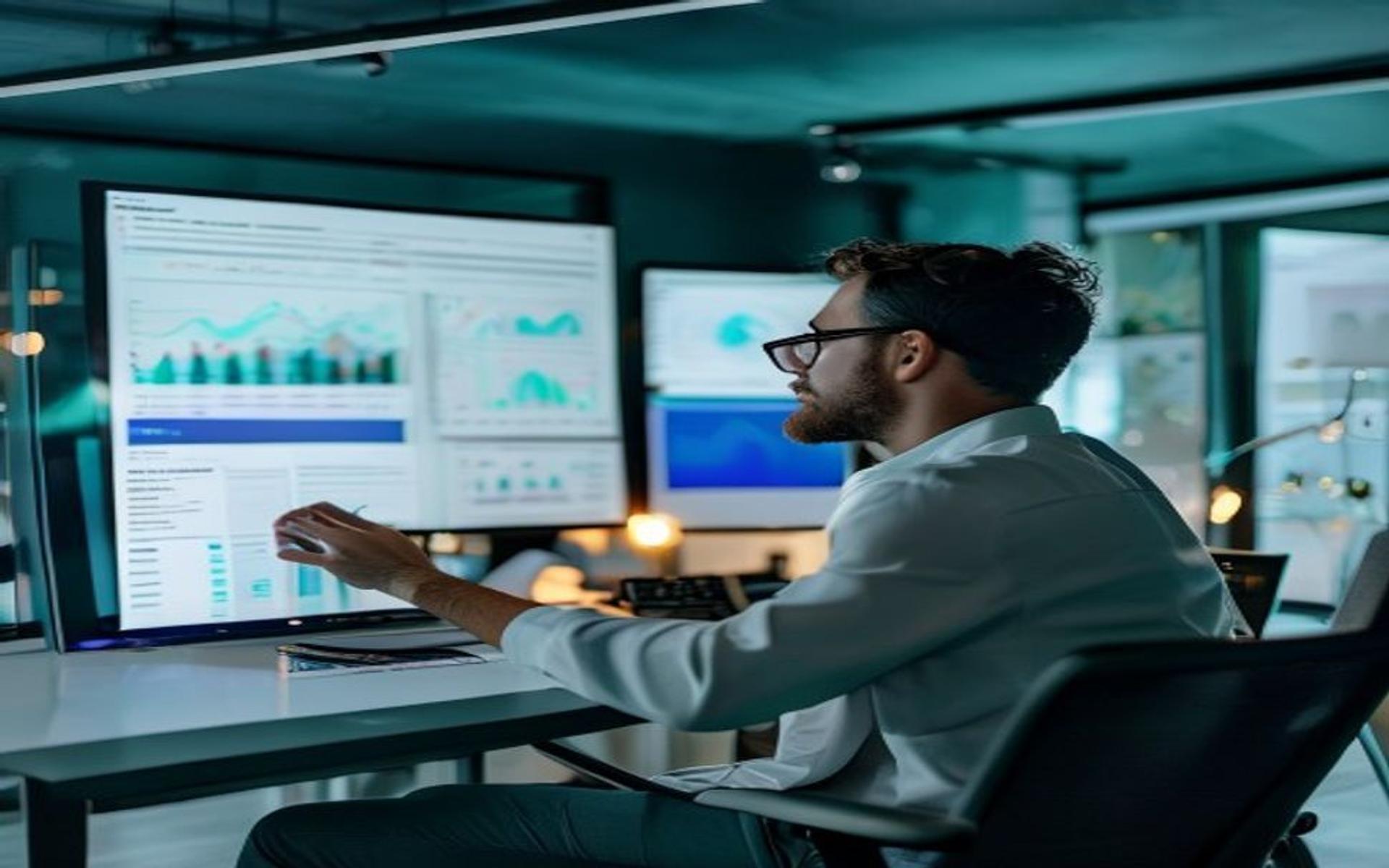 Marketer menganalisis dashboard komunitas dan SEO untuk brand web3 di kantor agency modern